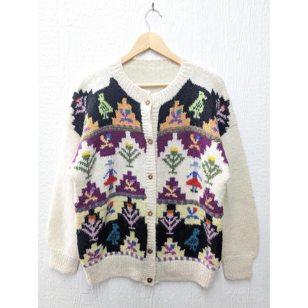 Handmade In Peru Alpaca Colorful Knit Inca Button‎ Down Cardigan Sweater Large